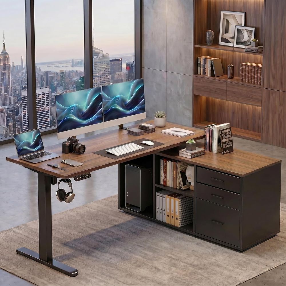 Desk Setup L Shaped - 55 Zoll L-förmiger Stehschreibtisch mit Schränken,